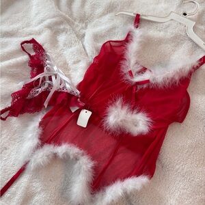 Red Sheer Lingerie Set with White Fur Trim Christmas Fits One size to XL